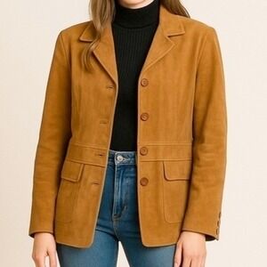 Vtg Terry Lewis Women's Medium Genuine Leather Blazer Jacket Tan Brown Classic